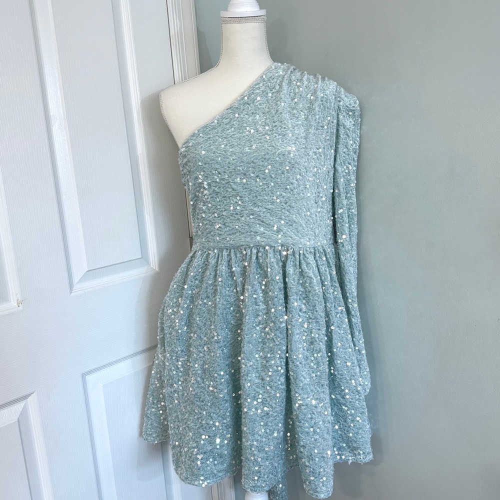 ASOS LUXE Sequin One Shoulder Skater Bow Back Mini Dress Light Aqua 14 NWT Party